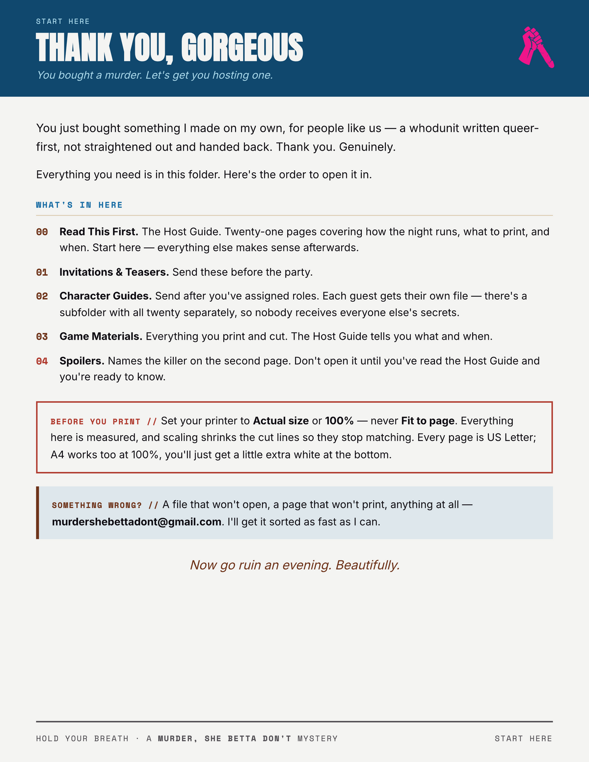 The Start Here page from the Hold Your Breath kit
