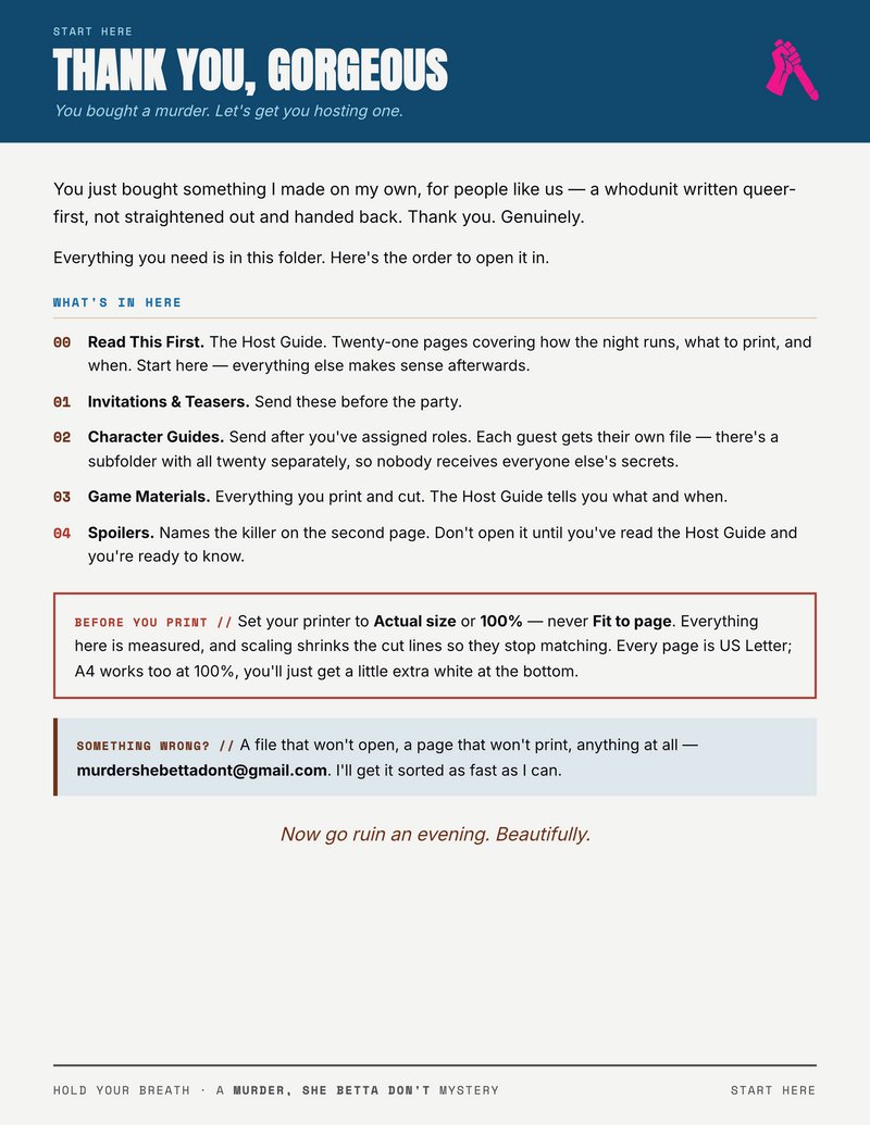 The Start Here page from the Hold Your Breath kit