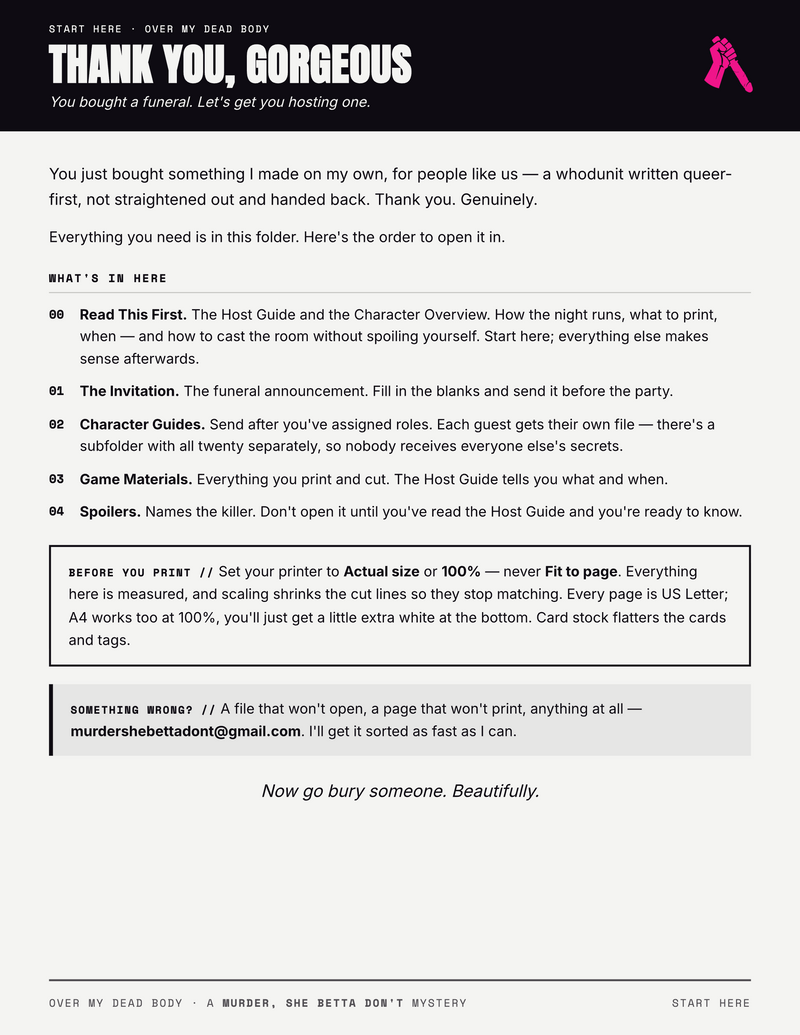 The Start Here page from the Over My Dead Body kit