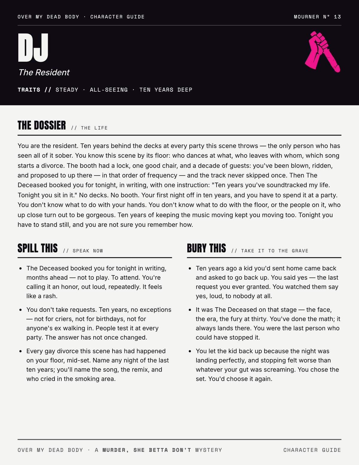 Sample character guide for the DJ from Over My Dead Body