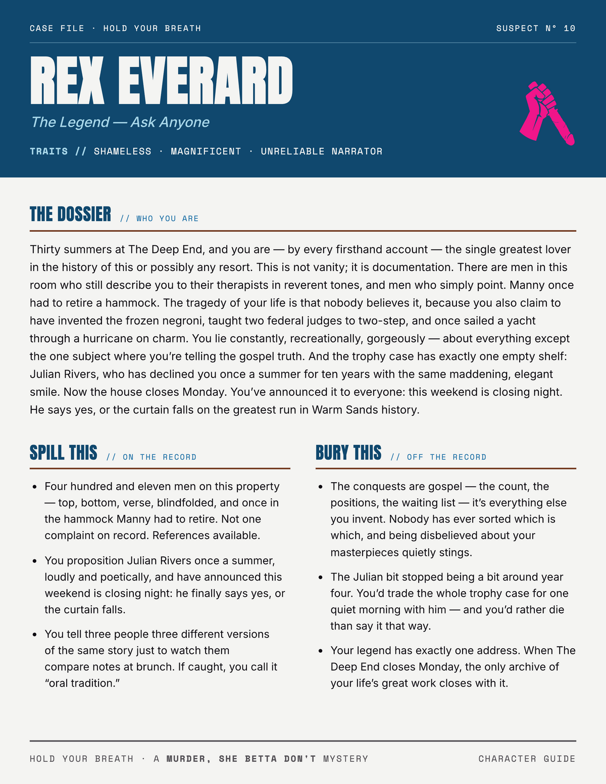 Sample character guide for Rex Everard from Hold Your Breath