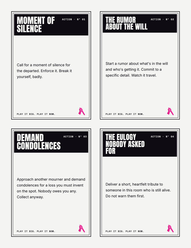 Example action cards from Over My Dead Body