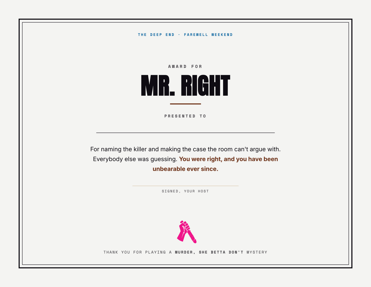 The Mr. Right award certificate from Hold Your Breath