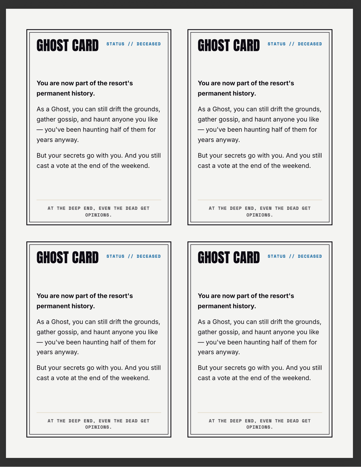 Ghost cards for players who've been murdered in Hold Your Breath