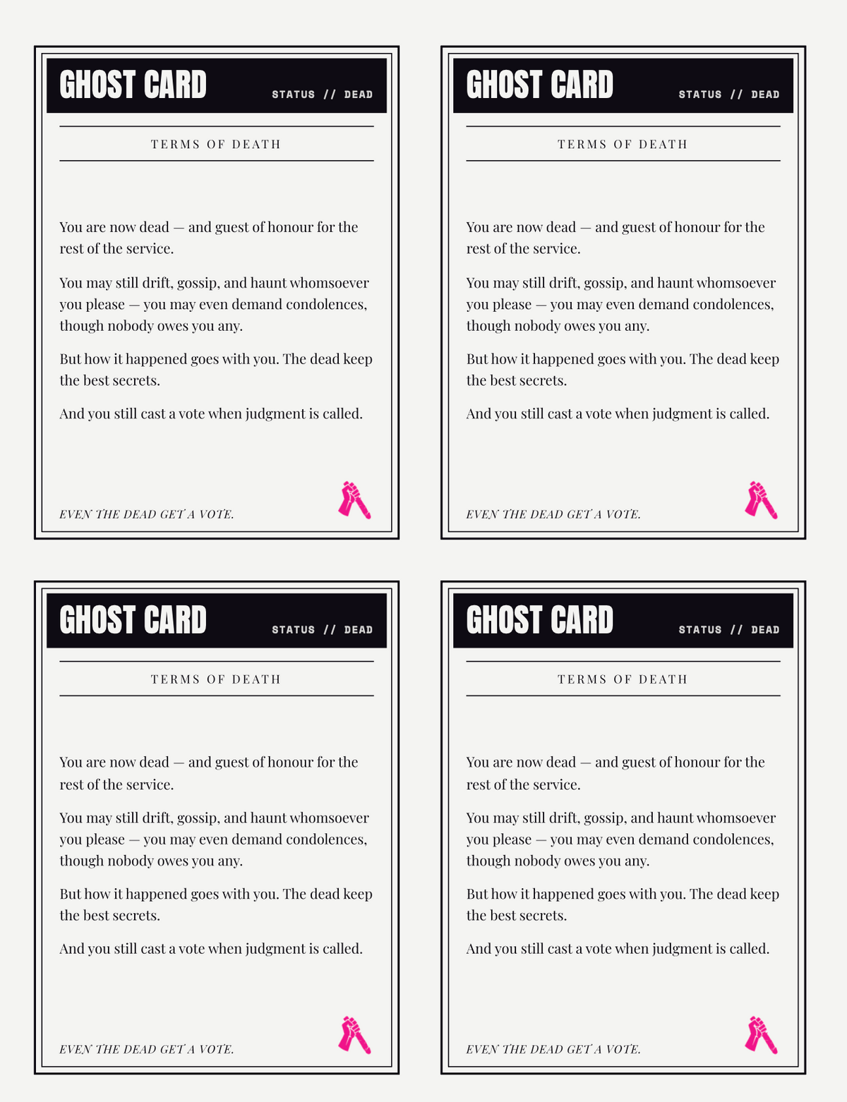 Ghost cards for players who've been murdered in Over My Dead Body