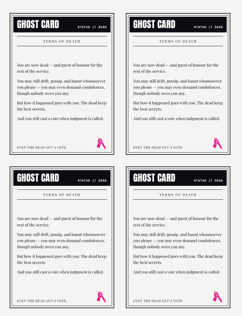 Ghost cards for players who've been murdered in Over My Dead Body