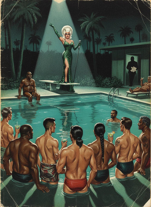 A drag queen performs on a diving board above a glowing pool as a crowd of men watches from the water.