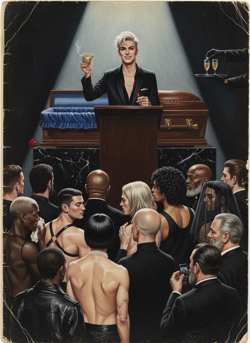 The Deceased toasts his own eulogy beside his coffin as a gloved hand poisons a drink.