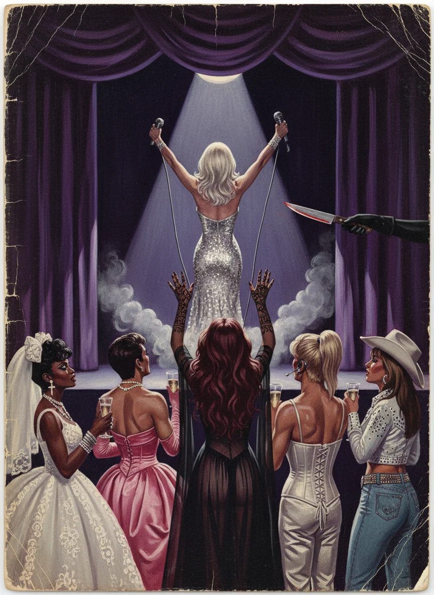A pop diva performs on stage as a gloved hand with a knife reaches from the curtains